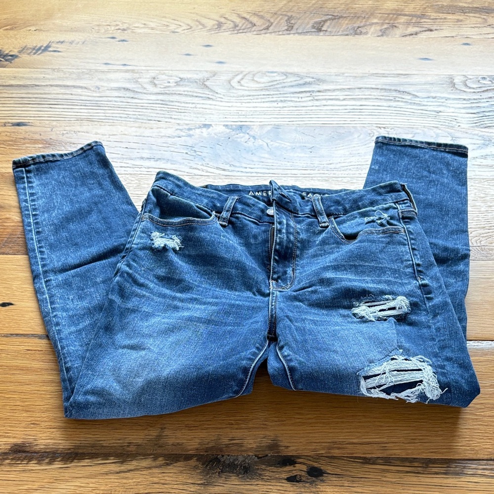 AE Outfitters Forever Soft Distressed Dark Blue Hi-Rise Jegging crop - Size 10